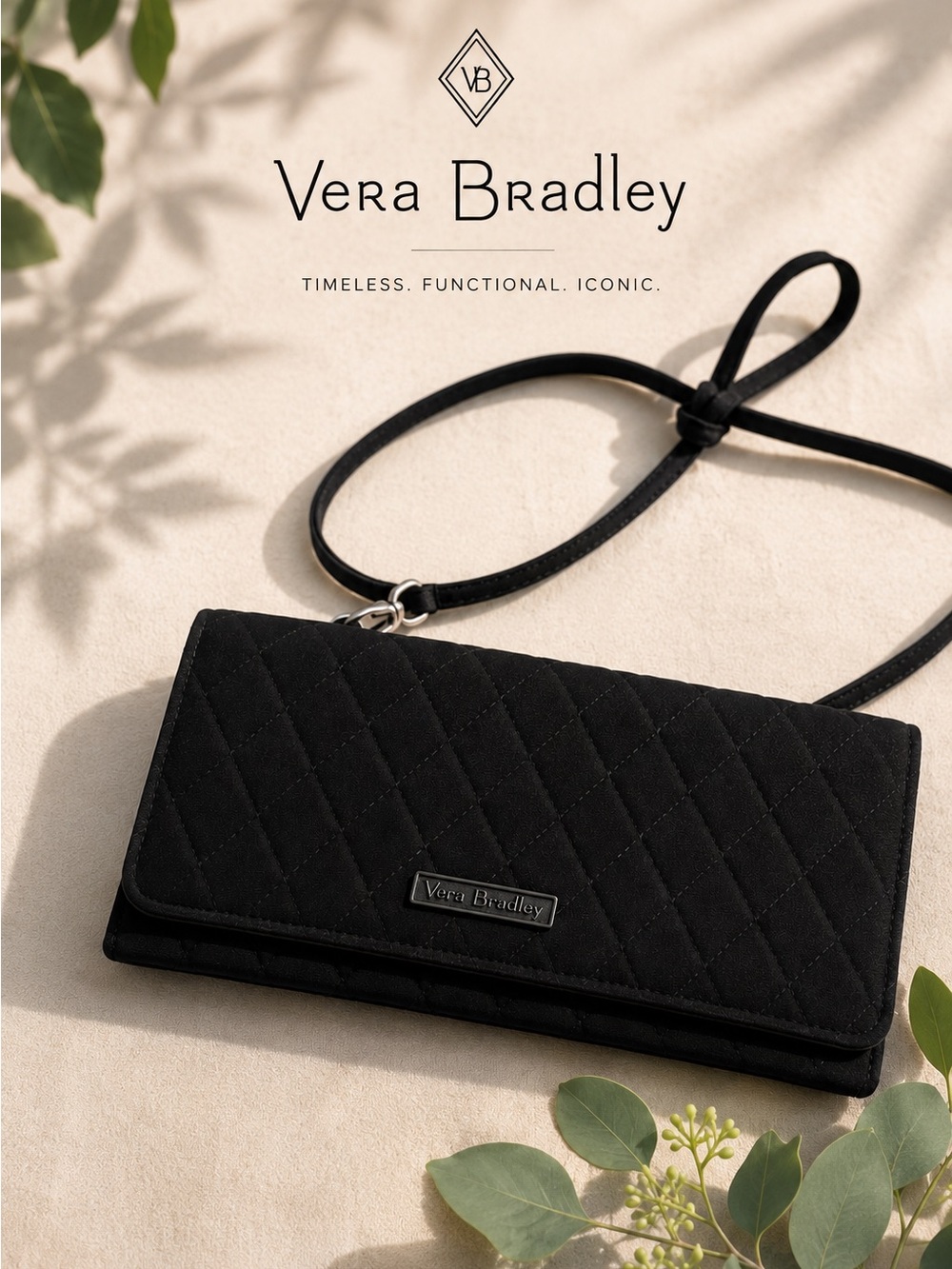 Vera Bradley Black Quilted Crossbody Wallet Purse RFID Organizer Travel